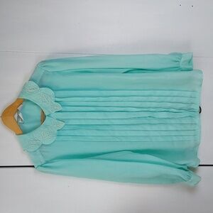 Sellecca Vintage Lite Blue Chiffon Pleated Pearl Embroidered Collar Blouse Sz.16